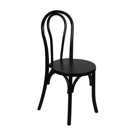 Thonet-style solid wood stackable dining chair in sleek black finish with curved bentwood back.