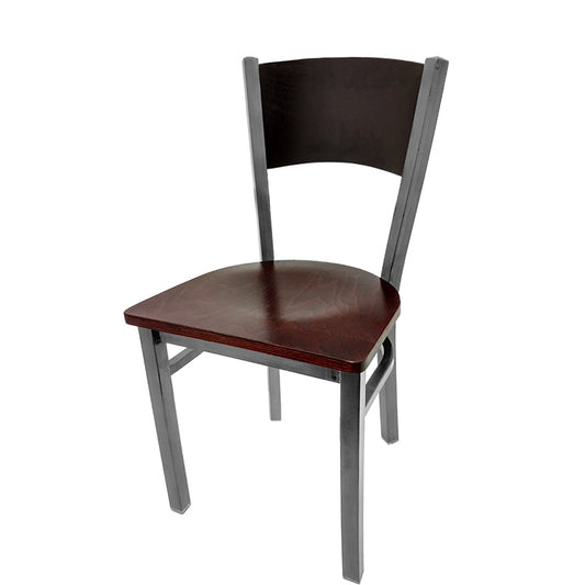 Dining chair with black stain seat back and mahogany stain solid wood seat.