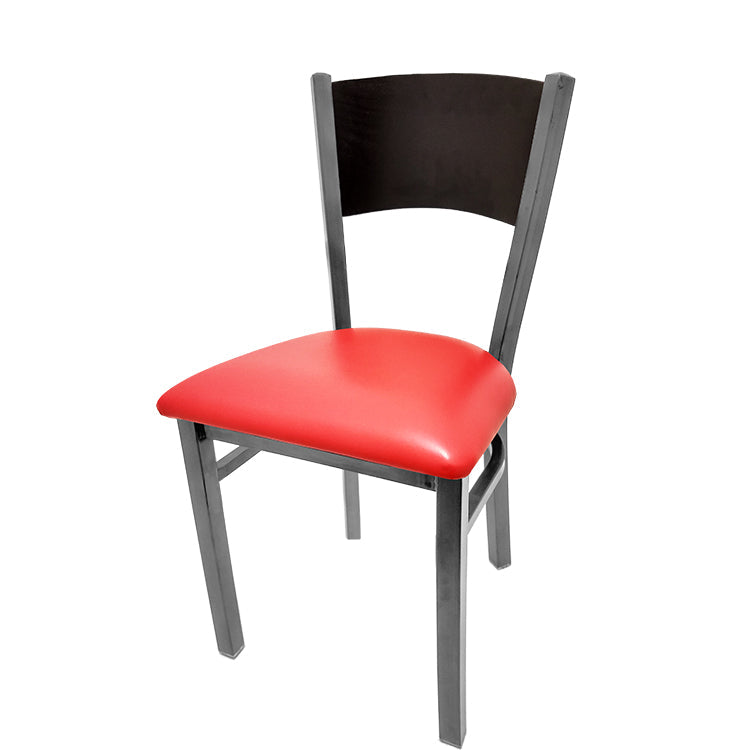 Dining chair with black stain seat back and red vinyl seat.