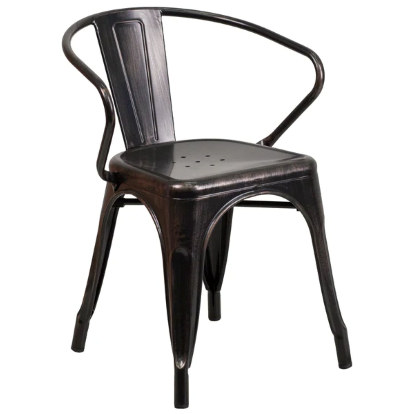 Black metal arm chair with antique gold accents, vertical slat back, and stackable outdoor-safe frame.
