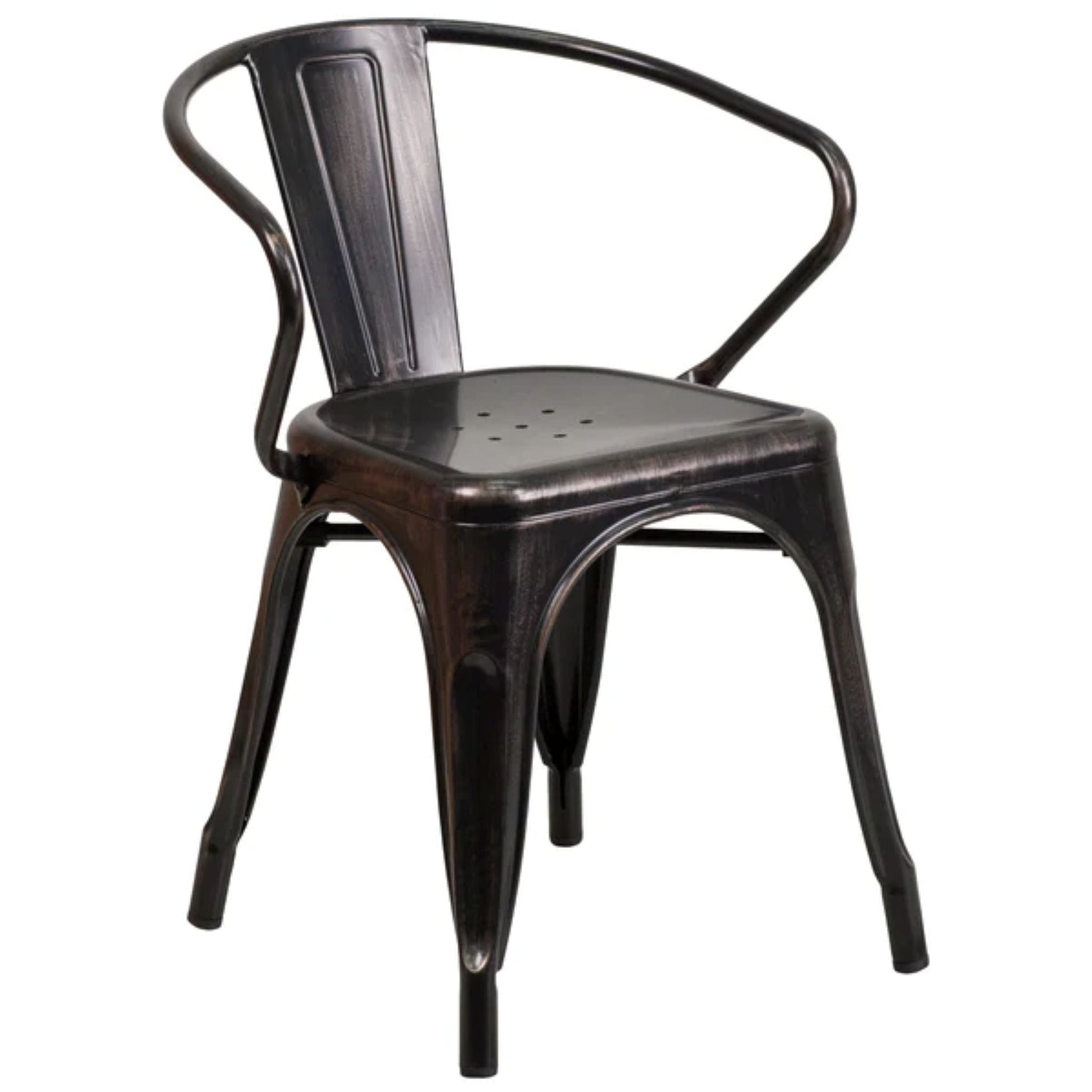 Black metal arm chair with antique gold accents, vertical slat back, and stackable outdoor-safe frame.