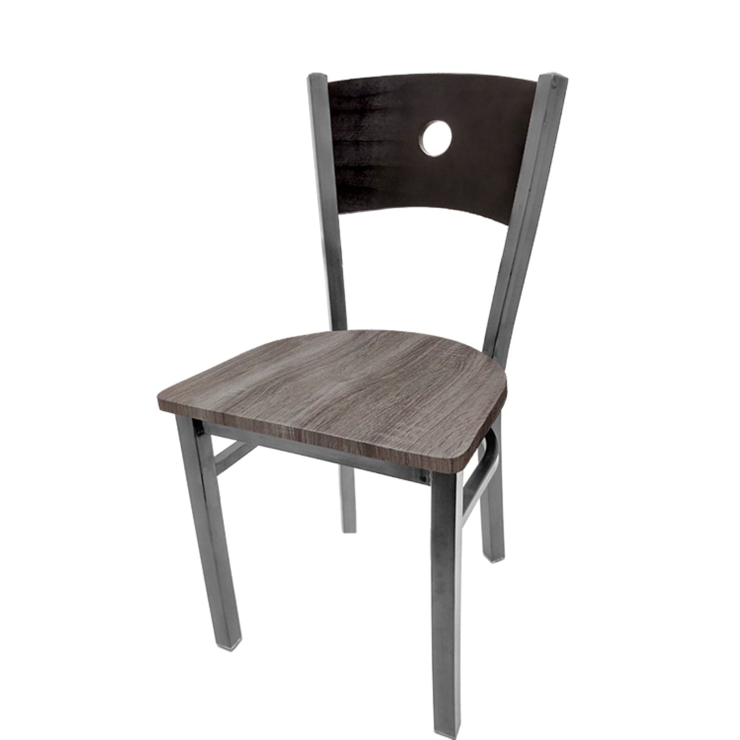 Dining chair with black wood back and barnwood seat.