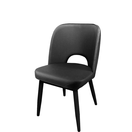 Amata chair with black faux woodgrain metal frame and black vinyl cutout bucket seat.