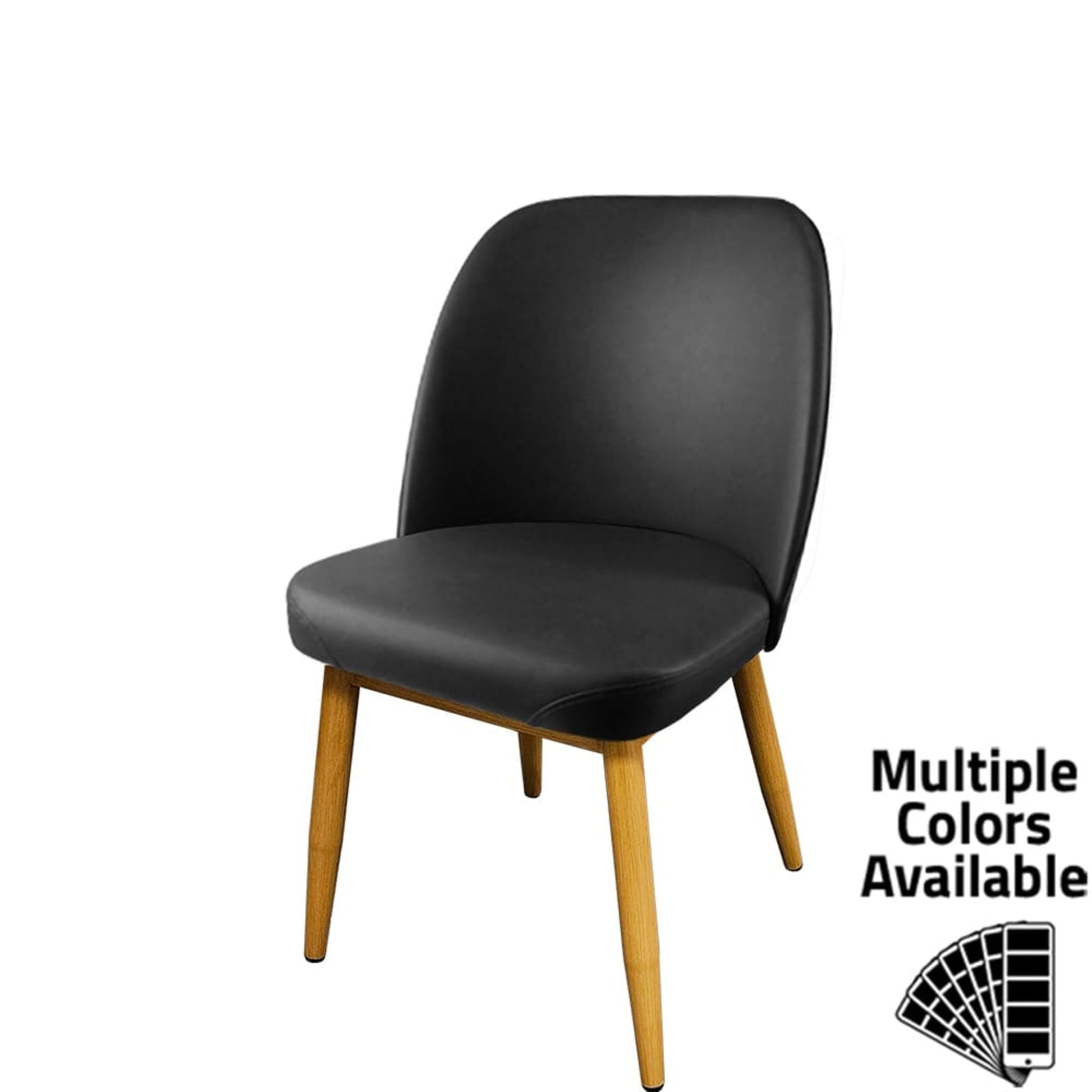 Amata chair with faux natural woodgrain metal frame and black vinyl bucket seat