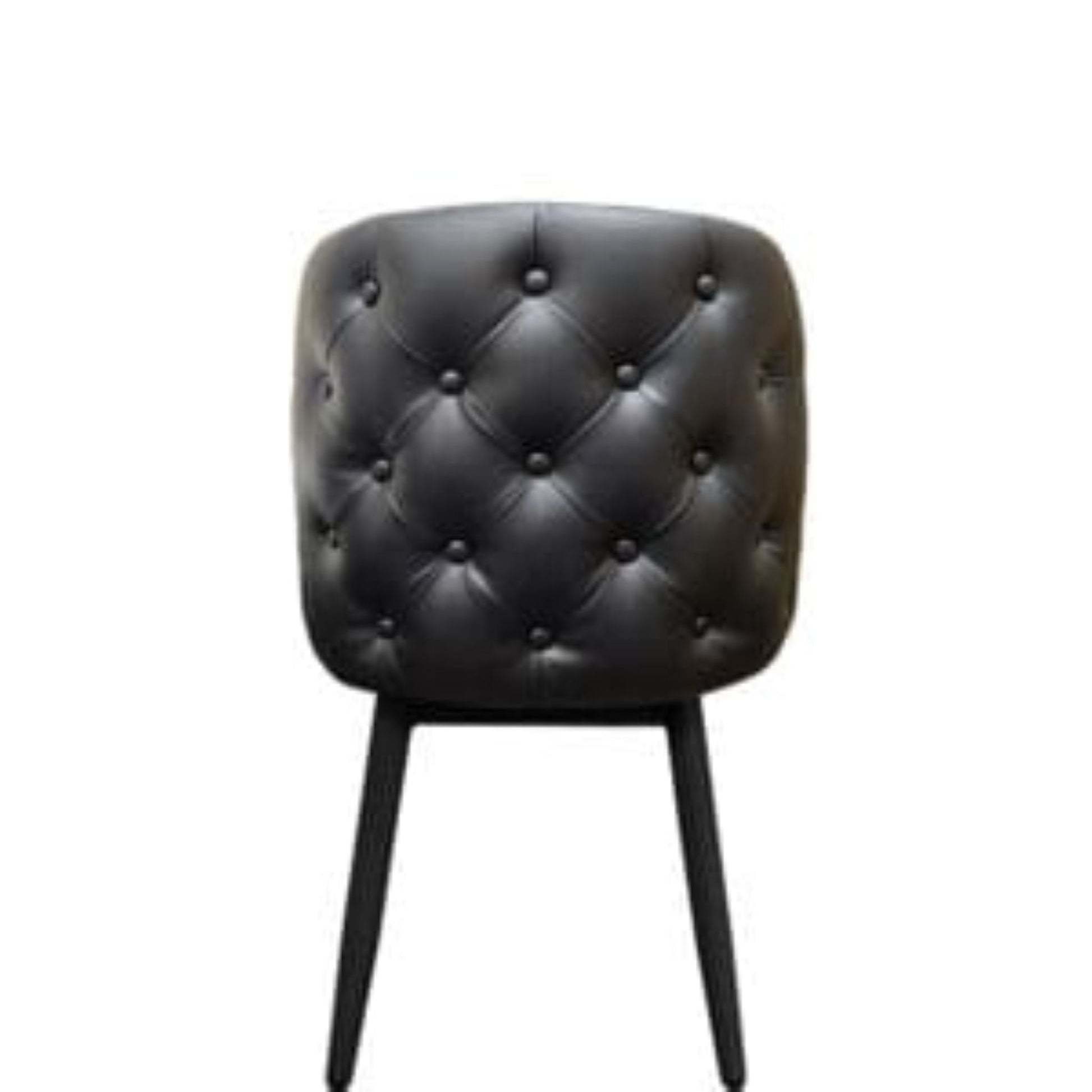 Amata chair with tufted bucket seat in black vinyl and faux black woodgrain metal frame.