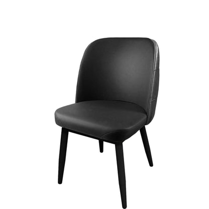 Front view Amata chair with tufted bucket seat in black vinyl and faux black woodgrain metal frame.
