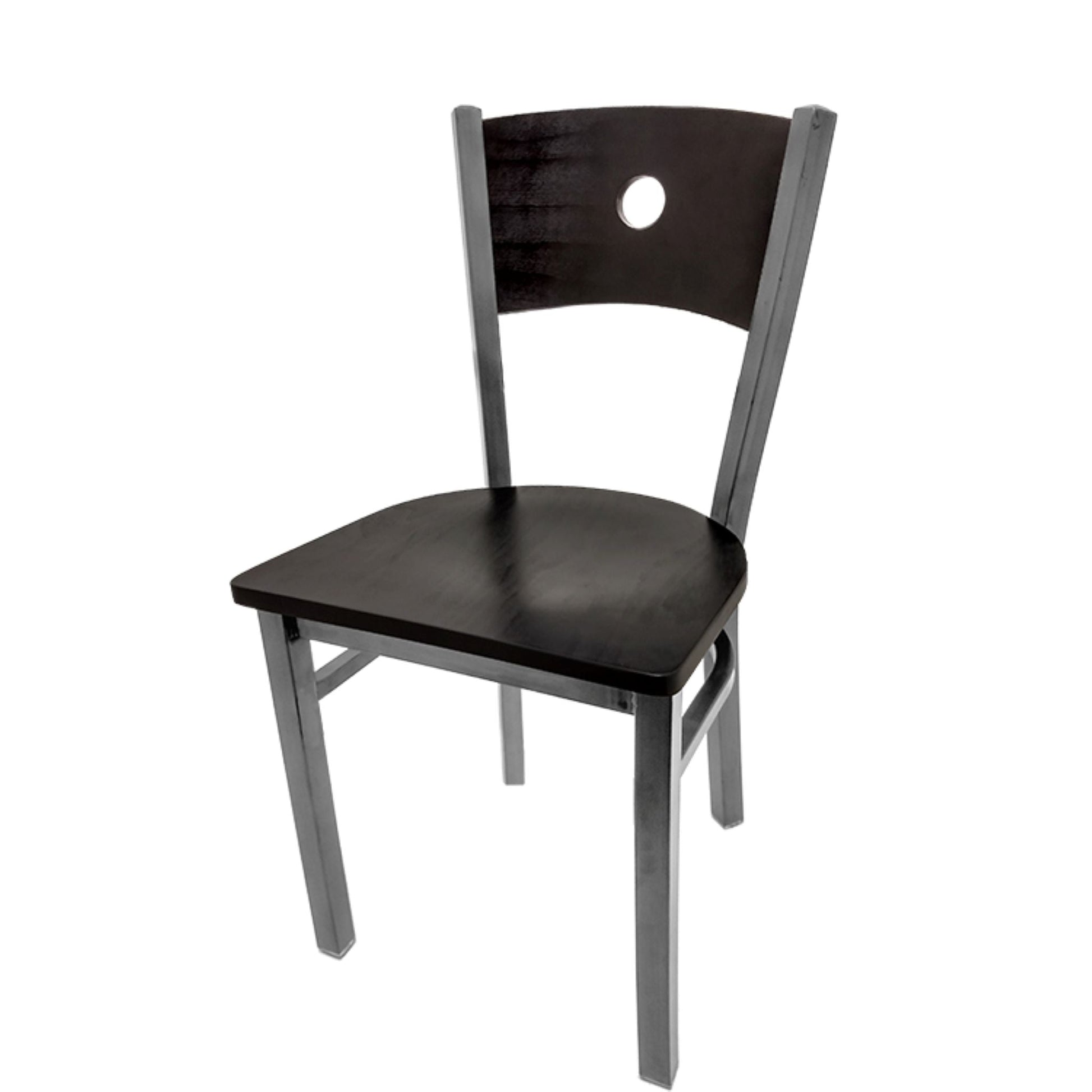 Dining chair with black wood back and black wood seat.