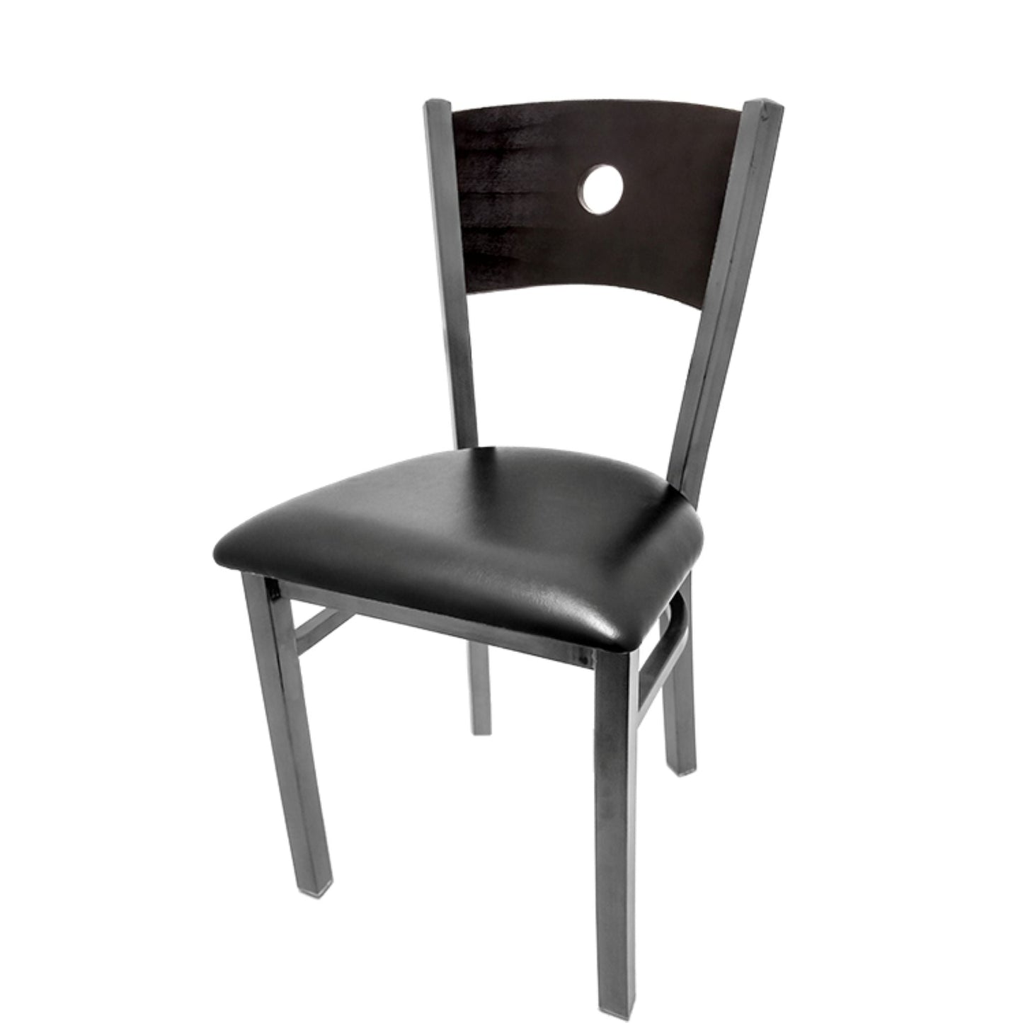 Dining chair with black wood back and black vinyl seat on a metal frame.