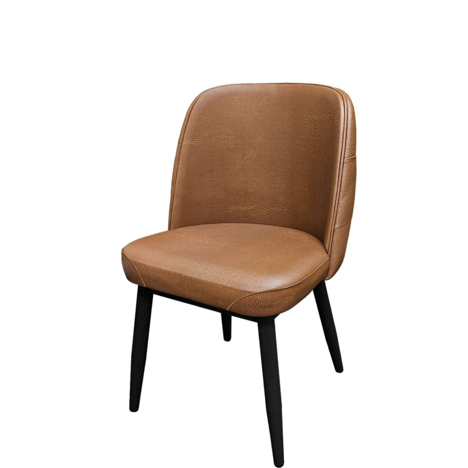 Front view Amata chair with tufted buckskin vinyl bucket seat and faux black woodgrain metal frame.