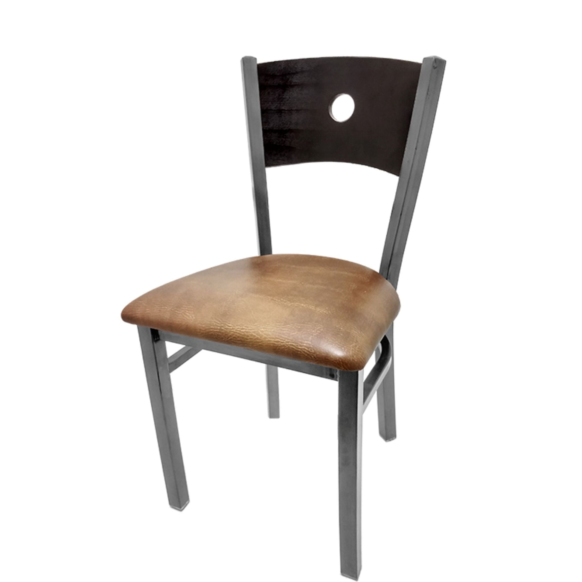 Dining chair with black wood back and buckskin vinyl seat.