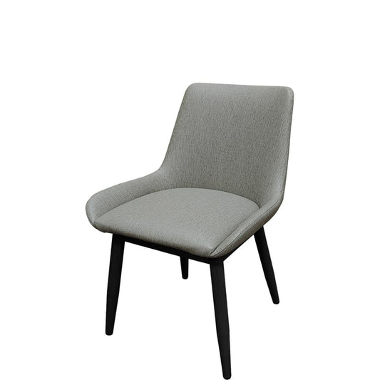 Amata chair with black faux woodgrain metal frame and charcoal vinyl bucket seat.