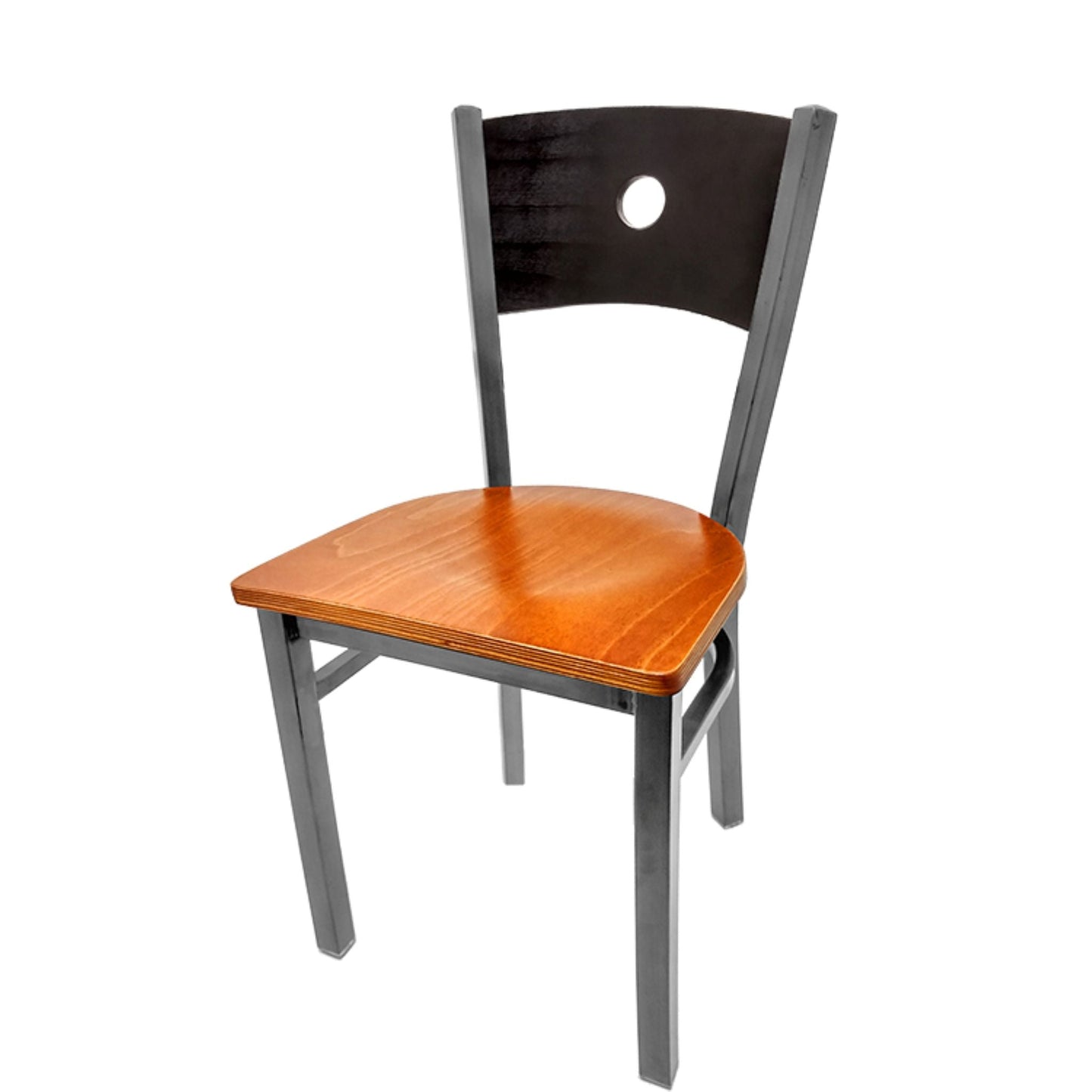 Dining chair with black wood back and cherry wood seat.