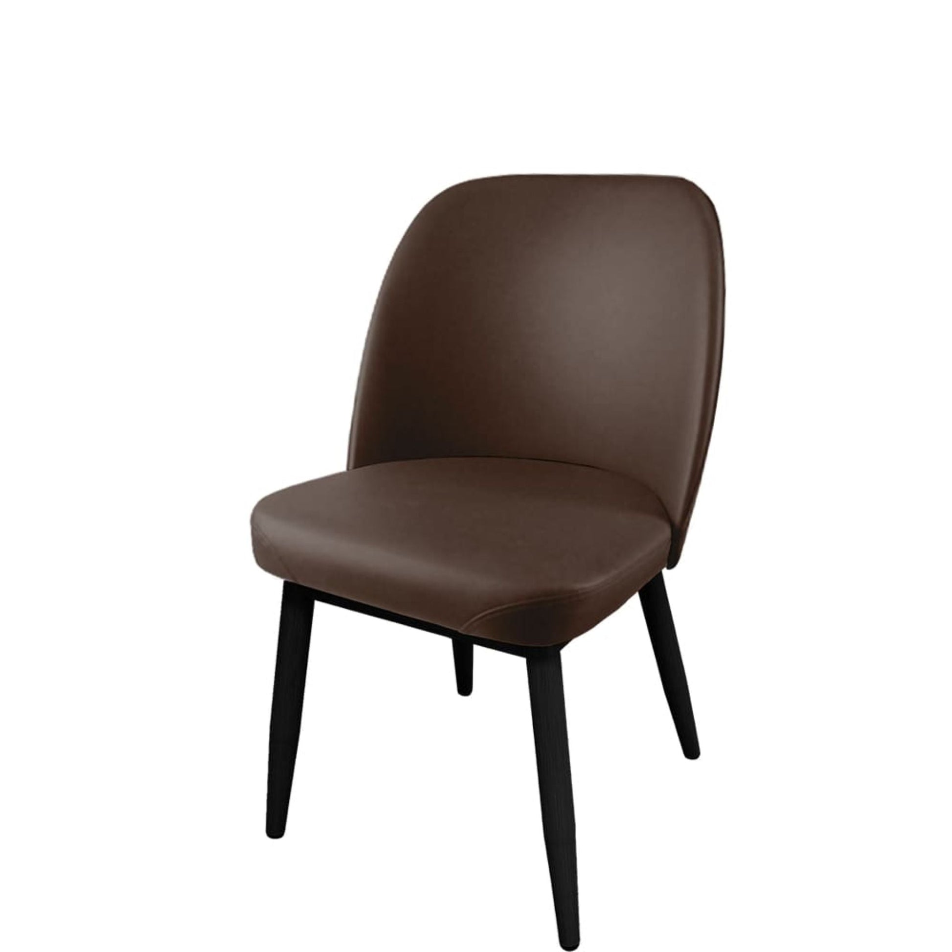 Amata chair with faux black woodgrain frame and espresso vinyl bucket seat.