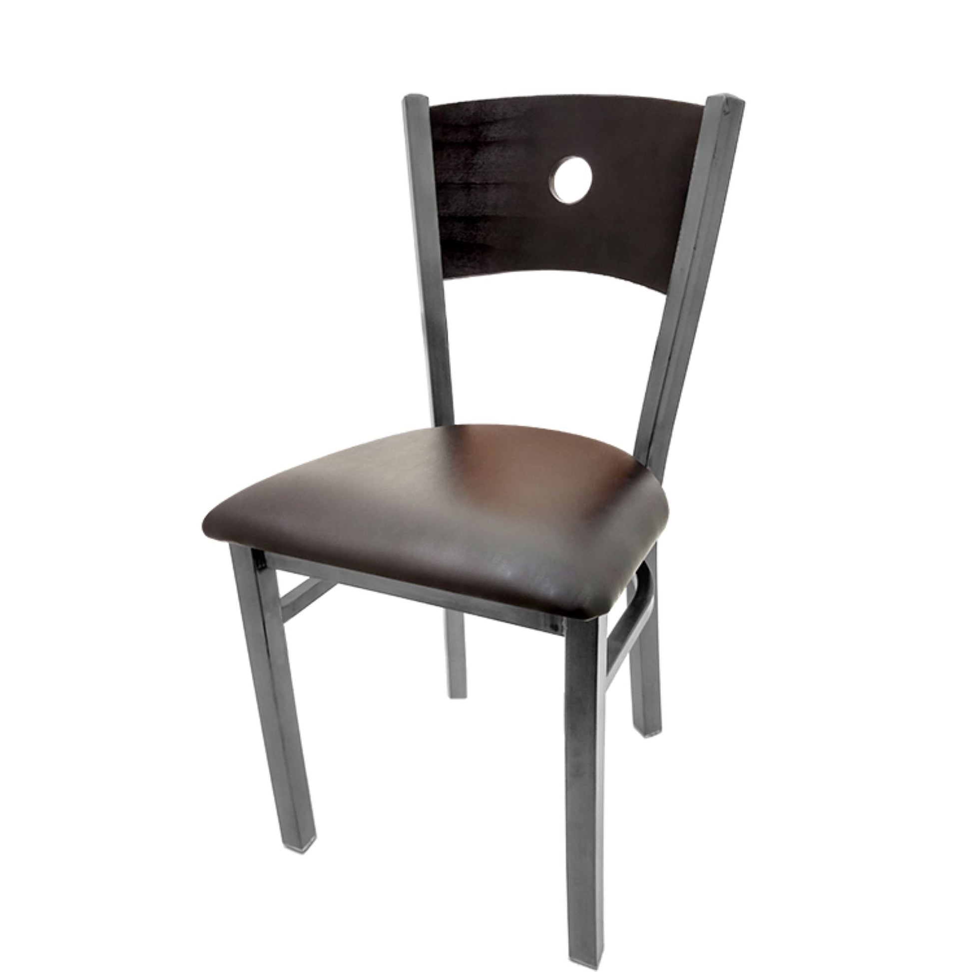 Dining chair with black wood back and espresso vinyl seat.