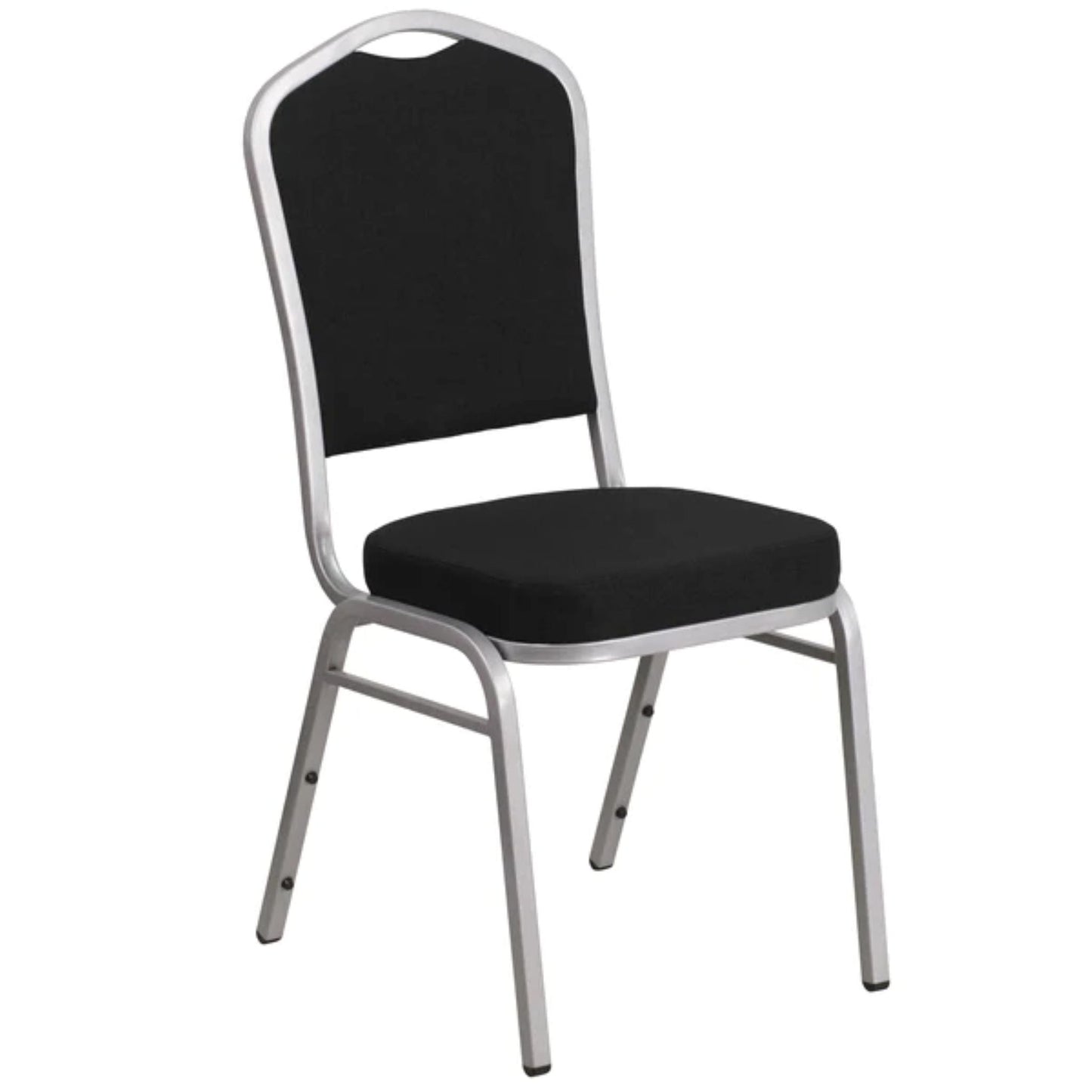 Crown back banquet chair with black fabric upholstery and a silver steel frame.