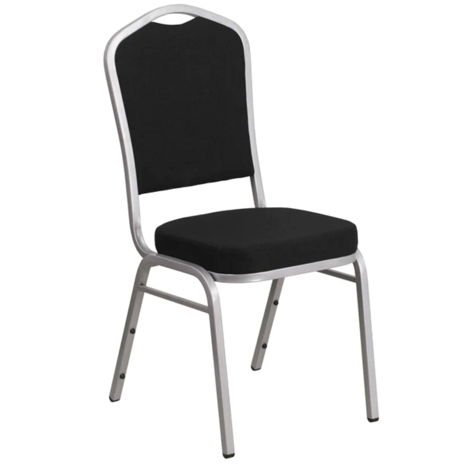 Crown back banquet chair with black fabric upholstery and a silver steel frame.