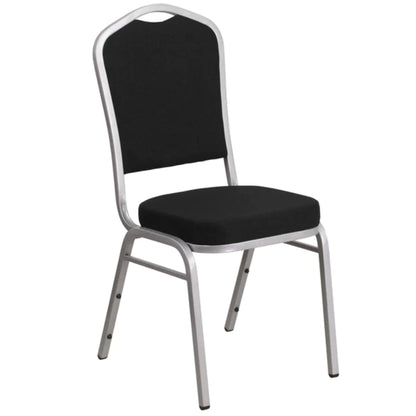 Crown back banquet chair with black fabric upholstery and a silver steel frame.