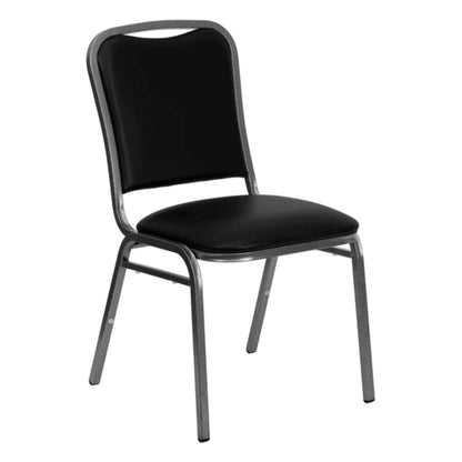 Front view of commercial stacking banquet chair with vinyl padded seat and steel frame, designed for event seating