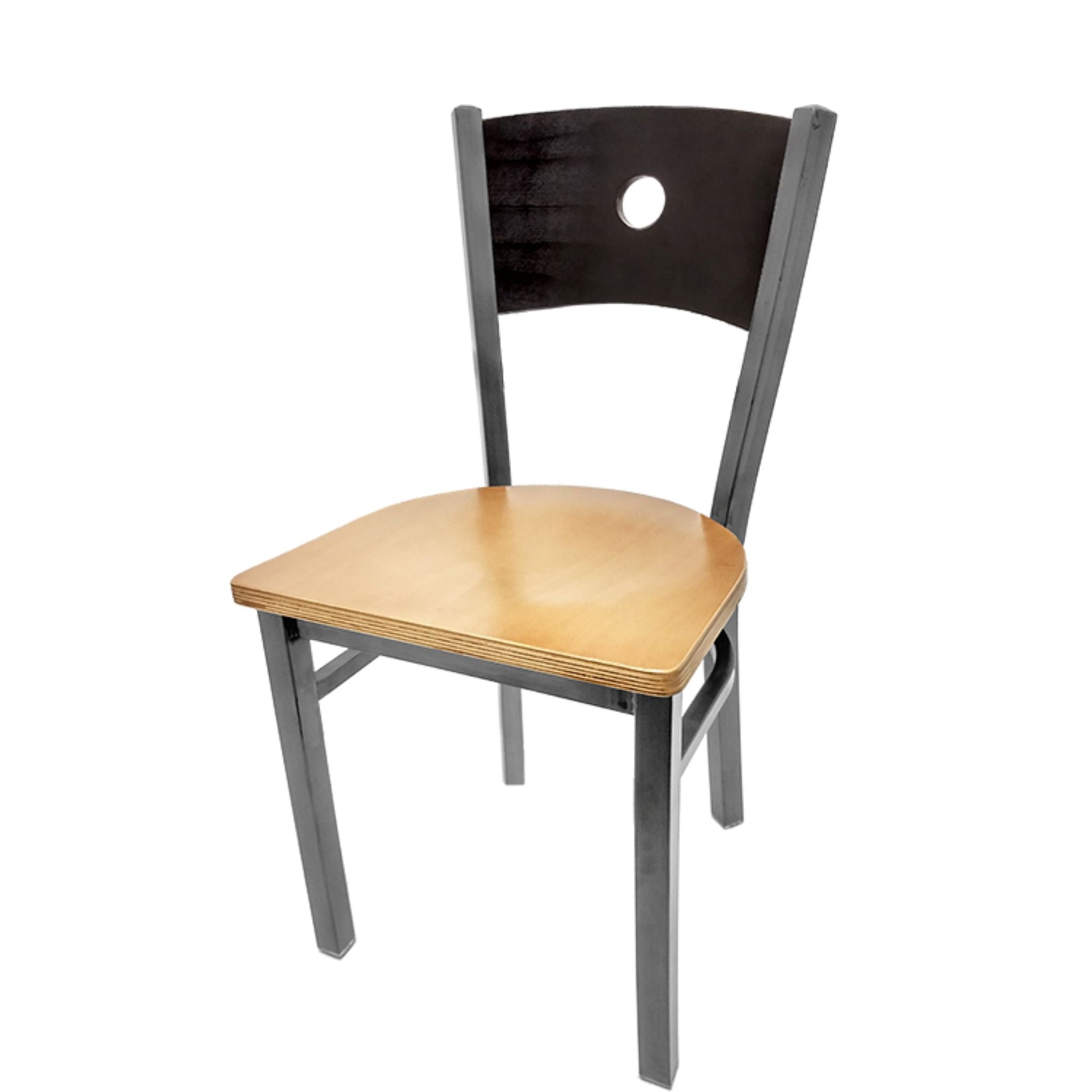 Dining chair with black wood back and natural wood seat.