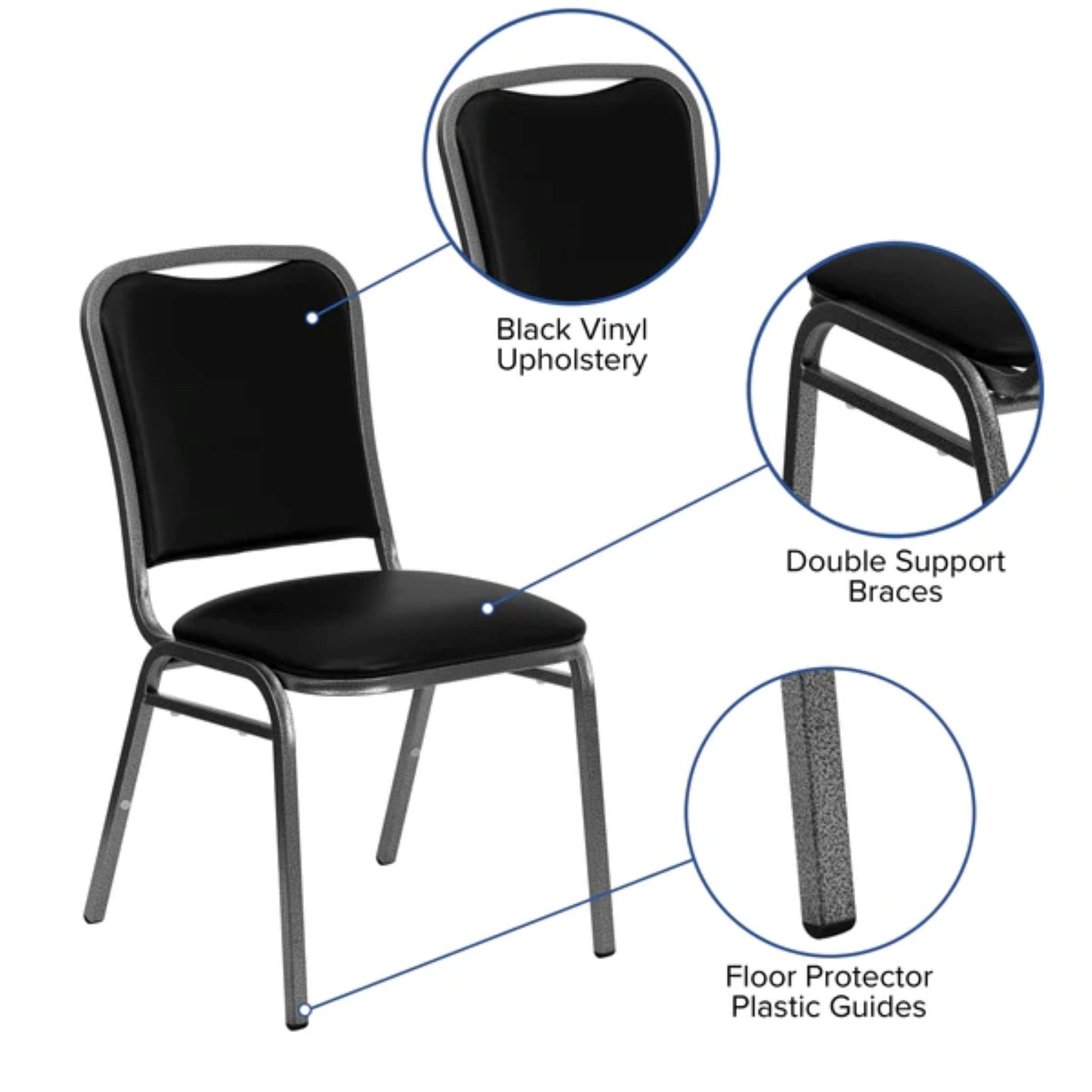 Front view of commercial stacking banquet chair with vinyl padded seat and steel frame, designed for event seating with product feature highlights 