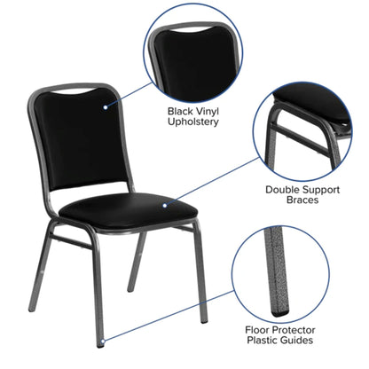 Front view of commercial stacking banquet chair with vinyl padded seat and steel frame, designed for event seating with product feature highlights 