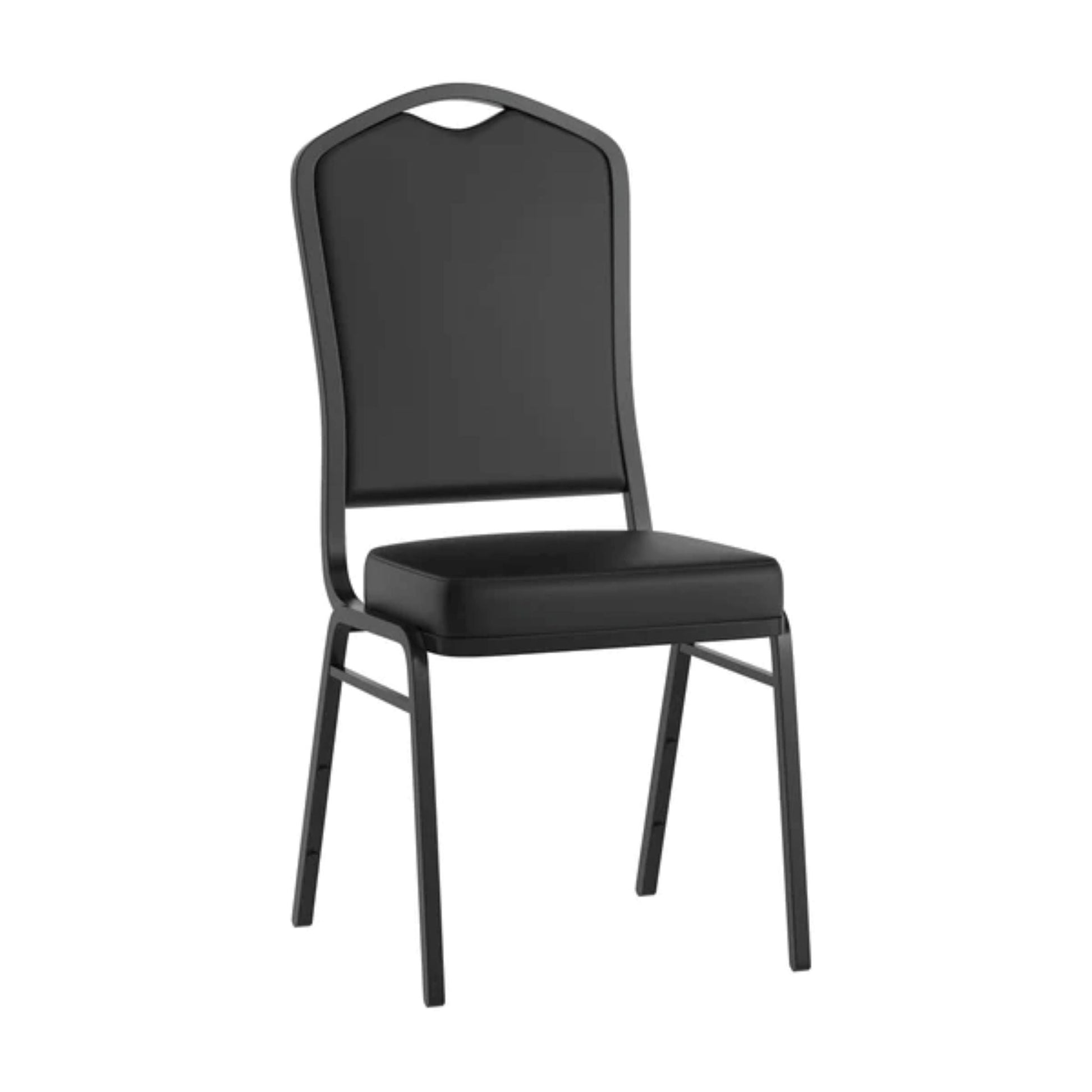 Crown back banquet chair with black vinyl upholstery and a black  steel frame.