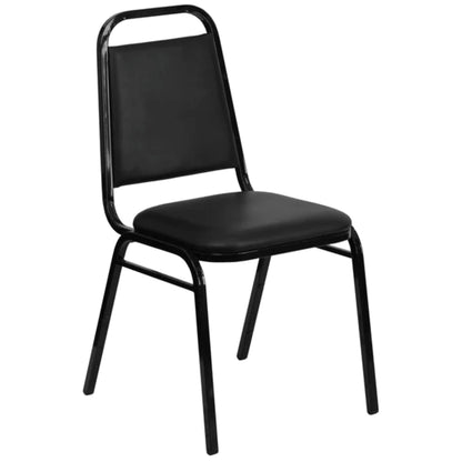 Trapezoidal back banquet chair with black vinyl upholstery and black powder-coated steel frame, front view.