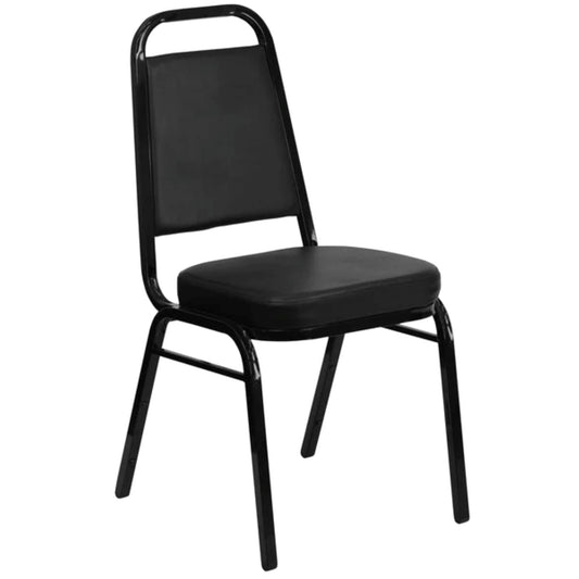 Banquet chair with trapezoidal back, black vinyl upholstery, and black steel frame.
