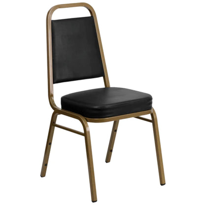 Banquet chair with trapezoidal back, black vinyl seat and back, and gold steel frame.