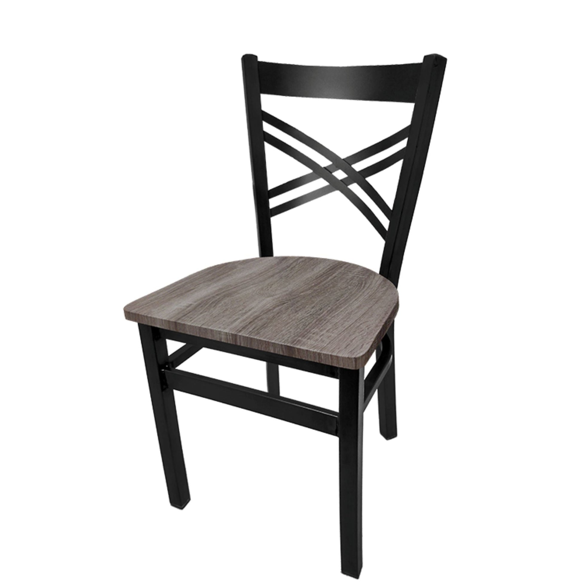 Crossback dining chair with black powder-coated steel frame and reclaimed wood seat with rustic finish.