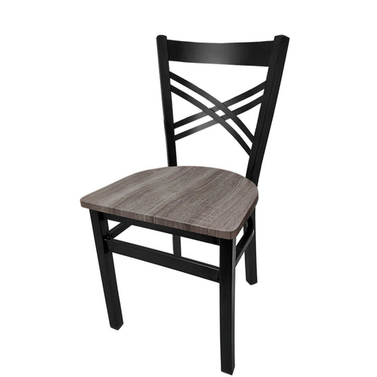Crossback dining chair with black powder-coated steel frame and reclaimed wood seat with rustic finish.