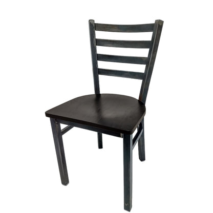 Rustic ladderback metal dining chair with clear coat steel frame and black stain solid wood seat.