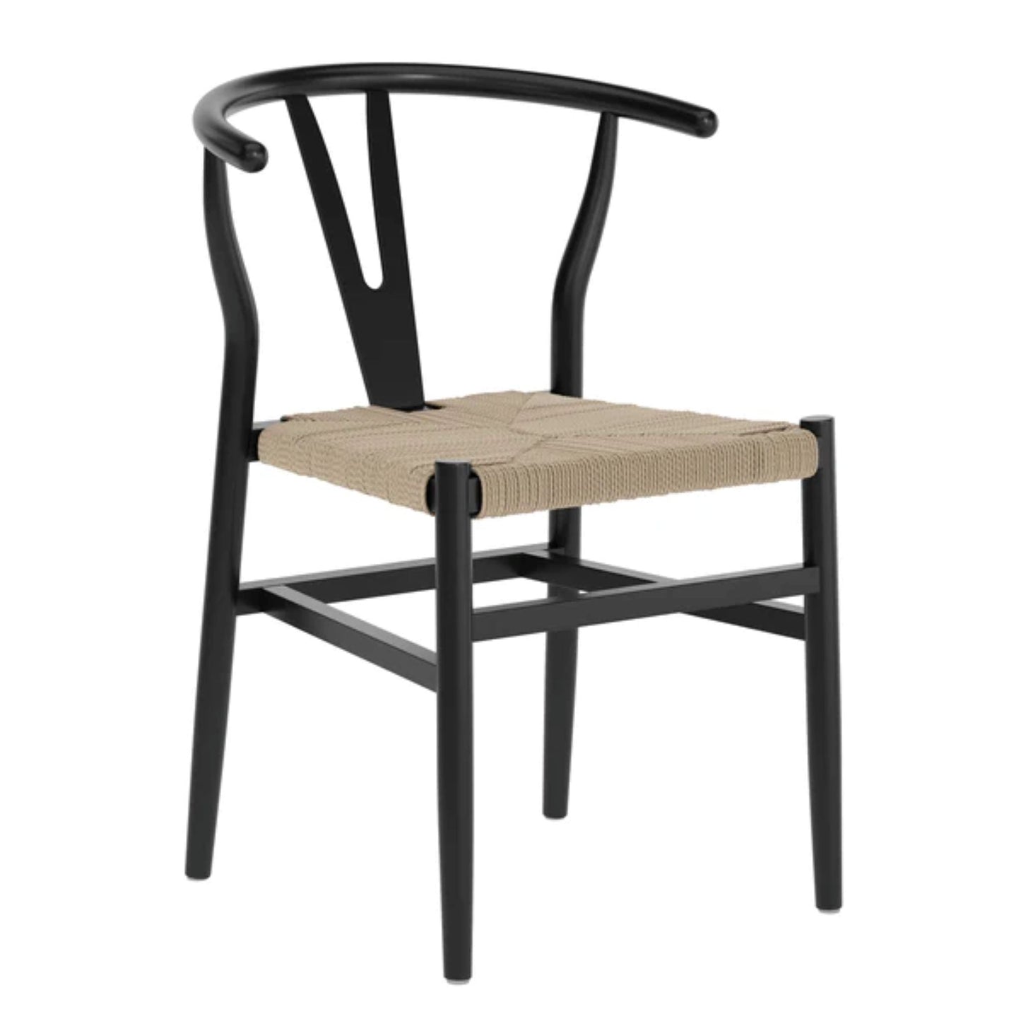 Wishbone-style dining chair with black wood frame and woven kraft paper rope seat
