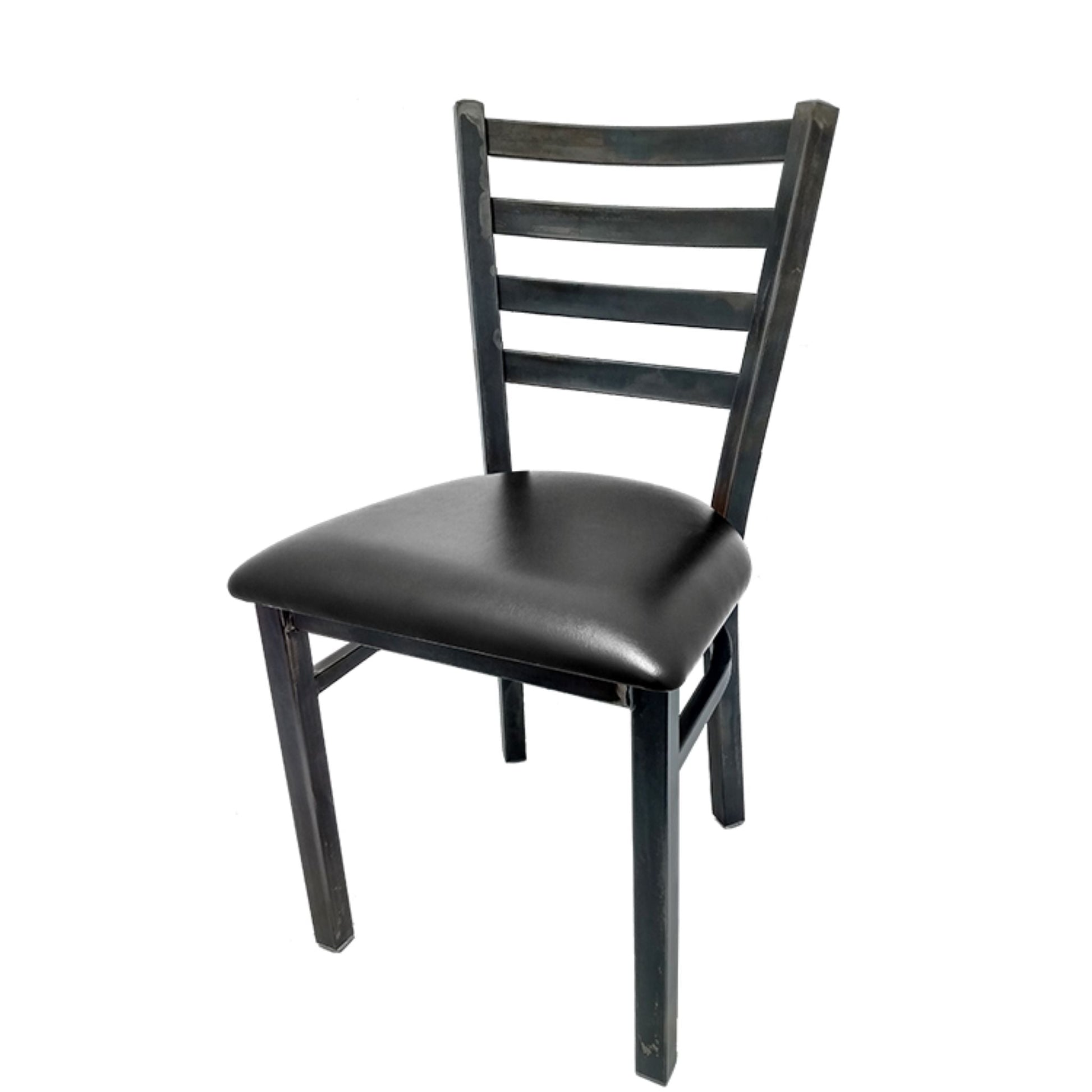 Rustic ladderback metal dining chair with clear coat steel frame and black vinyl seat.