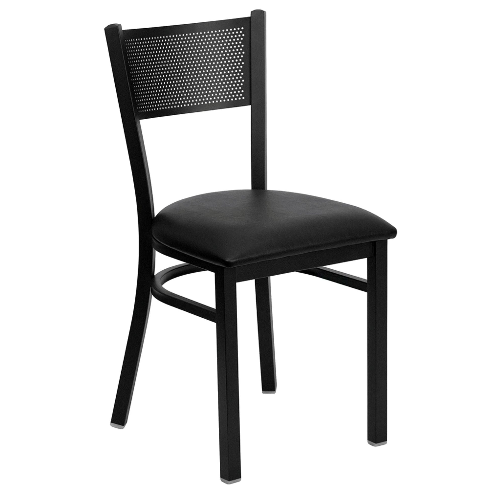 Black steel restaurant chair with grid back design and black vinyl seat, shown on a dining floor