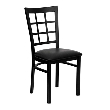Front view of window pane back restaurant chair featuring a black powder-coated steel frame and black vinyl seat.