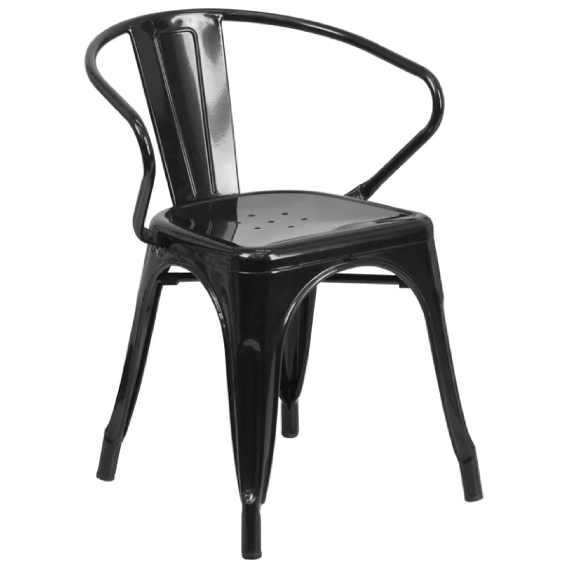 Black powder-coated metal arm chair with vertical slat back and stackable bistro-style design.