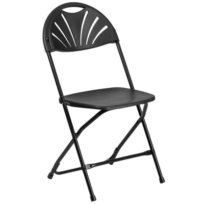Angled view of black heavy-duty folding chair for indoor or outdoor seating.