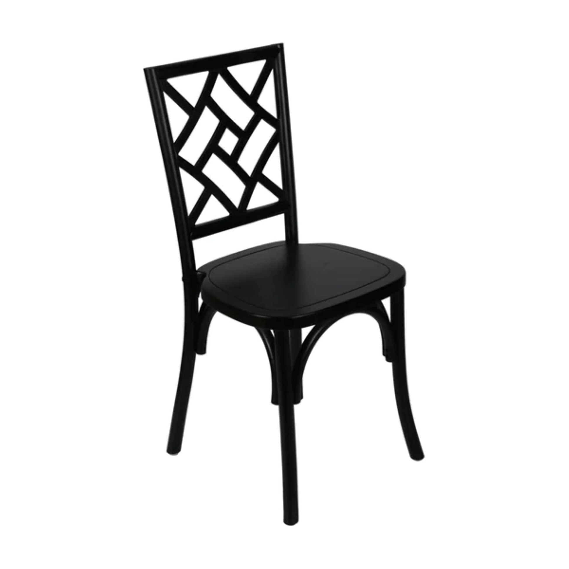 Brooklyn stackable solid wood dining chair in black finish with decorative back detail, front view.