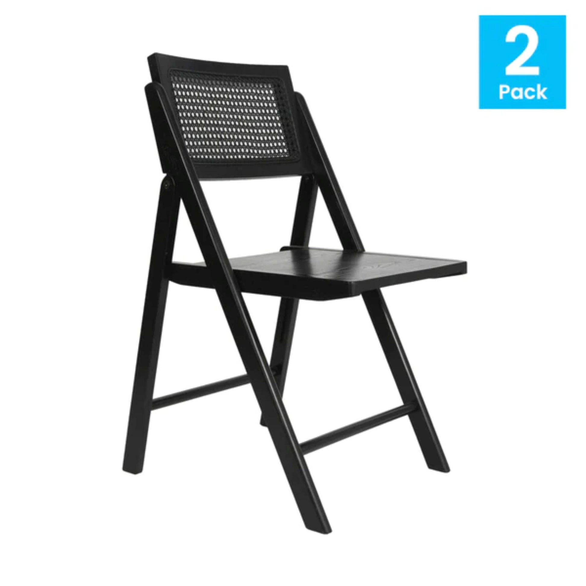 Side  view of cane rattan folding chair with black wood frame, solid wood seat, and woven cane ventilated back.