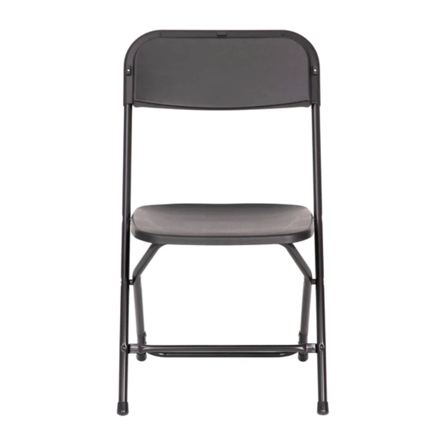 Big and tall extra wide black commercial folding chair with contoured textured seat and reinforced steel frame, front view.