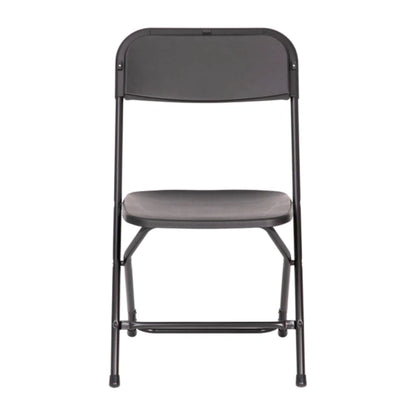 Big and tall extra wide black commercial folding chair with contoured textured seat and reinforced steel frame, front view.