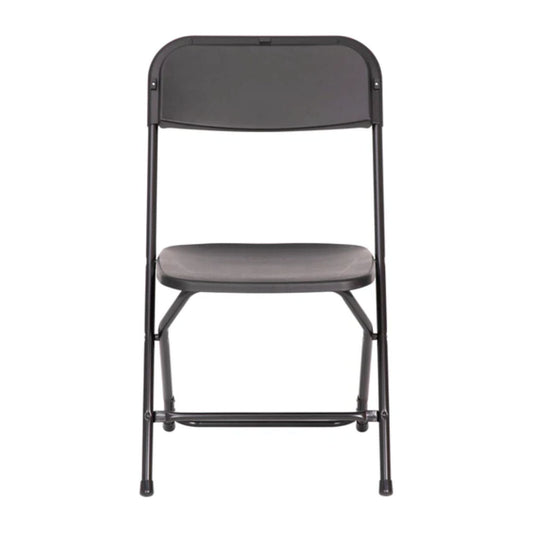 Big and tall extra wide black commercial folding chair with contoured textured seat and reinforced steel frame, front view.