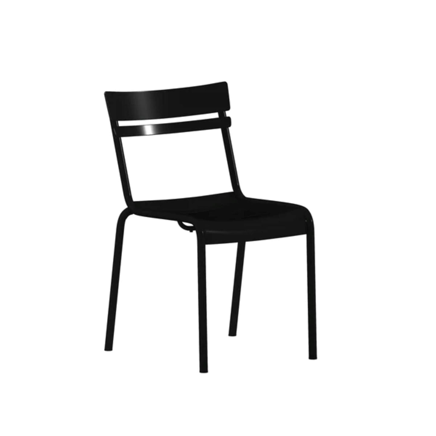 Angled view of black outdoor steel chair showing 2-slat back and protective floor glides.