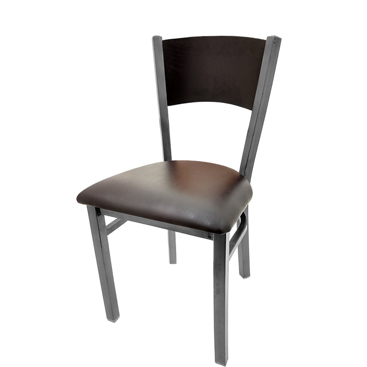 Dining chair with black stain seat back and espresso vinyl seat.