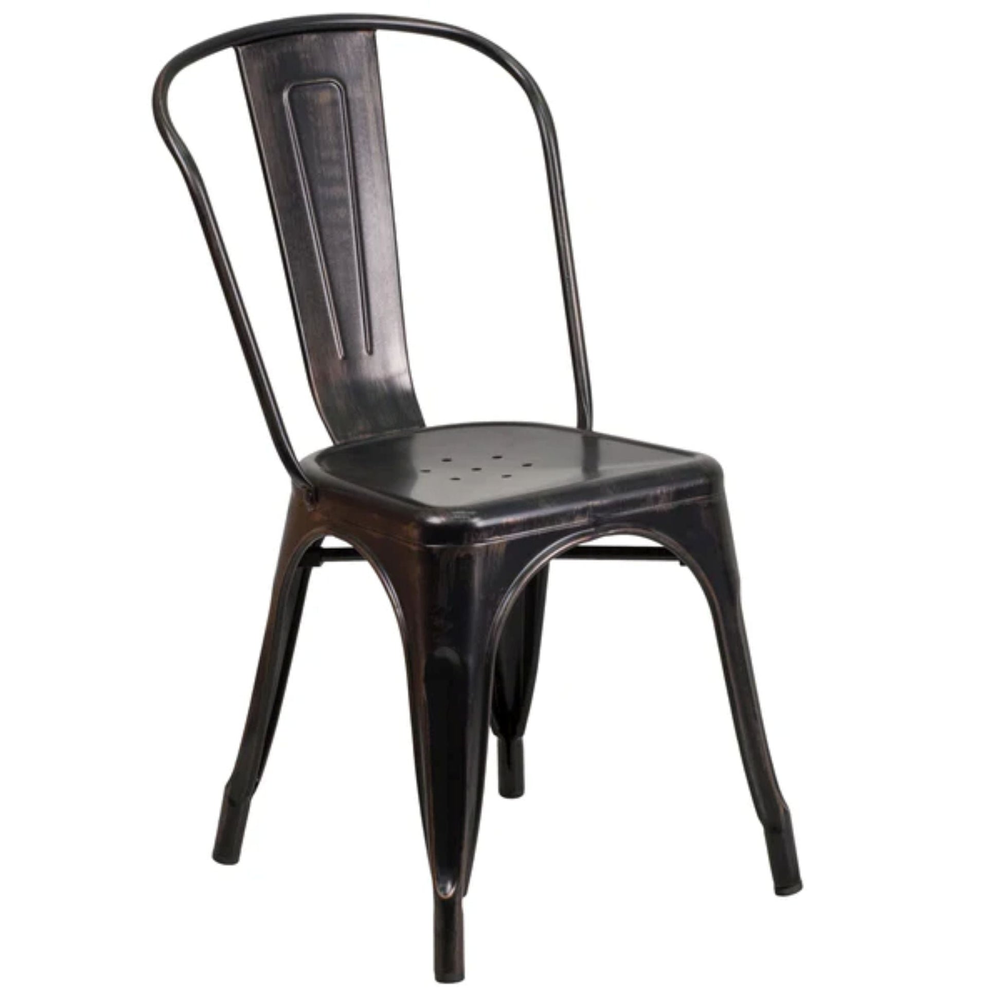 Black metal indoor–outdoor stackable bistro chair with gold accents and slatted back