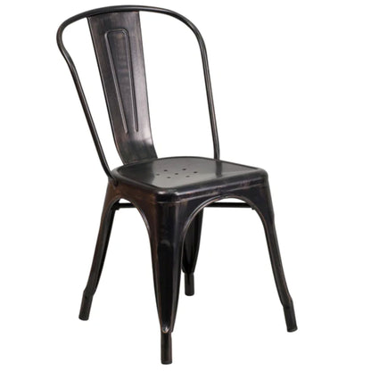 Black metal indoor–outdoor stackable bistro chair with gold accents and slatted back