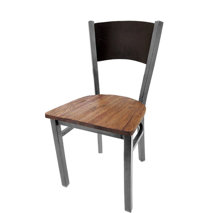 Dining chair with black stain seat back and reclaimed wood seat.