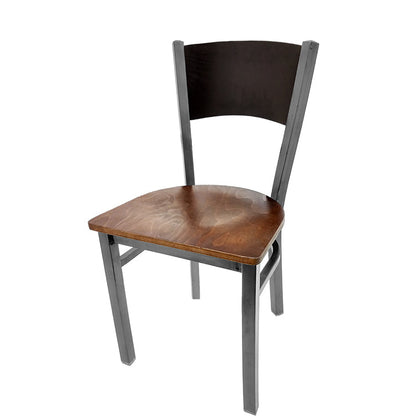 Dining chair with black stain seat back and walnut stain solid wood seat.