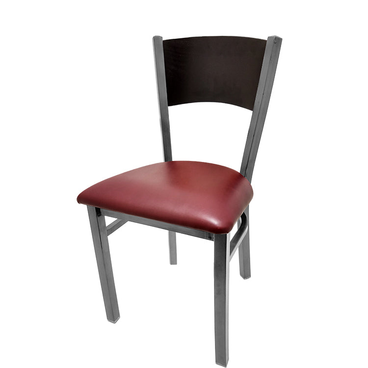 Dining chair with black stain seat back and wine vinyl seat.